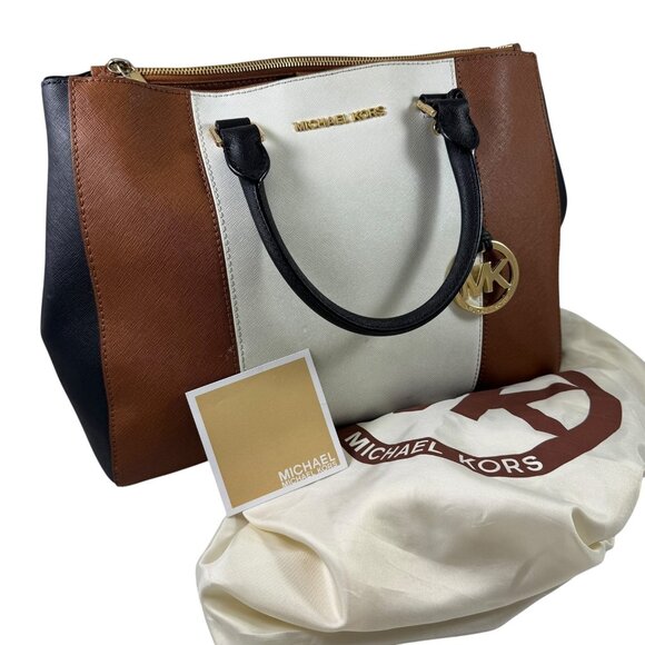 Michael Kors Jet Set Purse Bag Center Stripe Brown Cream Black Leather Tote - Picture 1 of 10